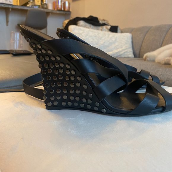Black Manolo Blahnik Wedge Sandals - Picture 2 of 8